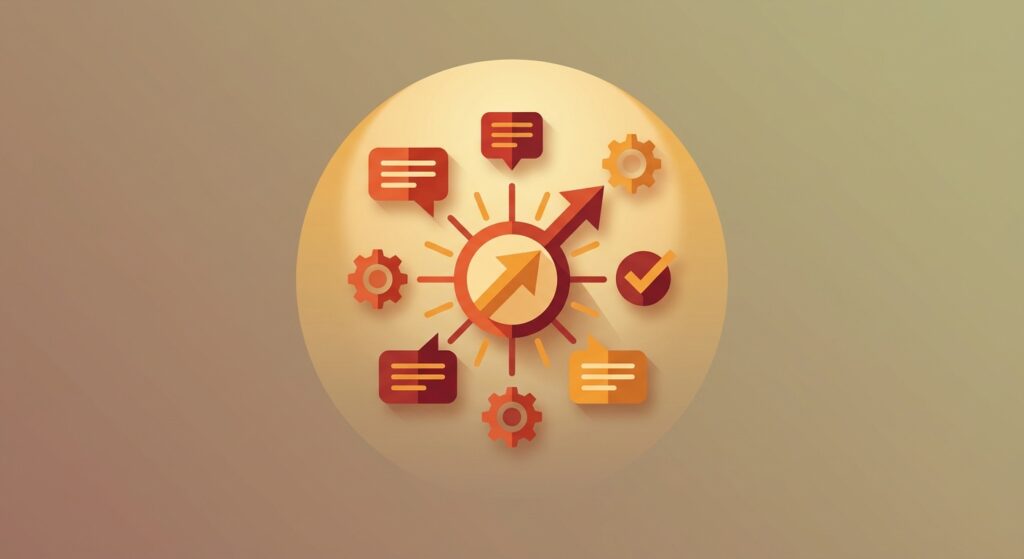 central circular graphic with arrows, gears, checkmark, and chat bubbles, representing candidate engagement platforms.