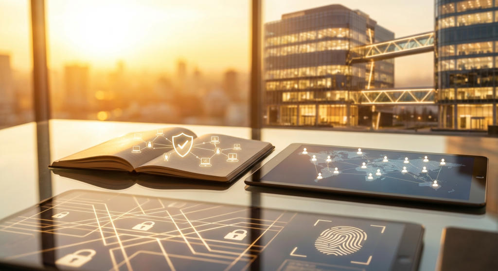 security standards for distributed staffing: book, tablets, and skyscraper at sunset.