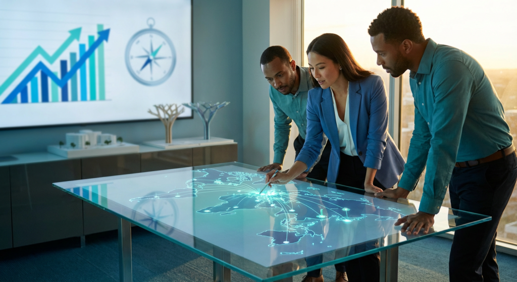 three executives analyzing global expansion strategies using an interactive map display.