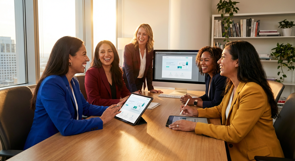 five smiling women leaders collaborating around a conference table in an office.