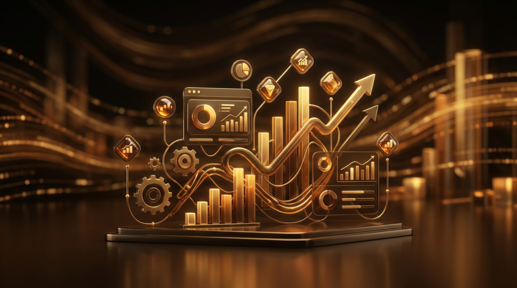 golden bar charts, rising arrows, and data visualization elements representing staffing website performance metrics.
