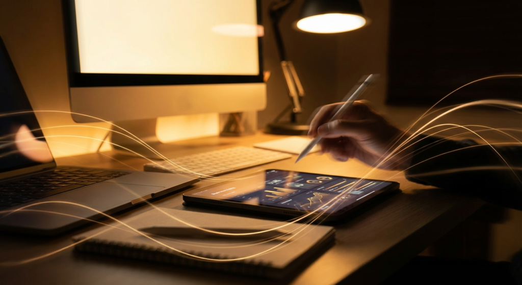 product manager staring wide-eyed at a chaotic, glitching recruitment platform on a laptop with a distressed expression.