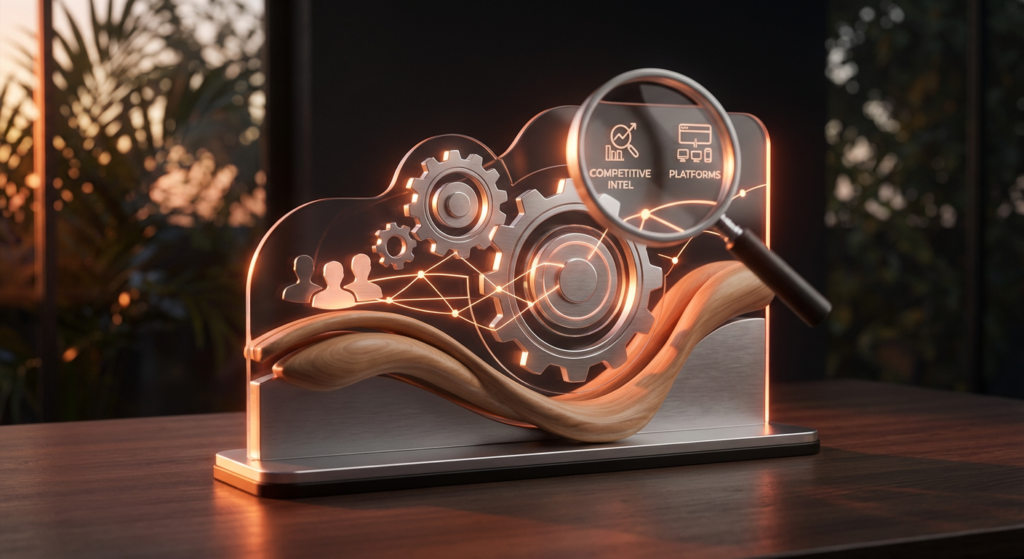 a magnifying glass over a bar chart, revealing key competitive insights for staffing platform differentiation.