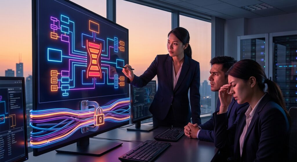 a team of colleagues analyzing integration api limitations on a large screen with glowing data diagrams, showing an hourglass and locked cables.