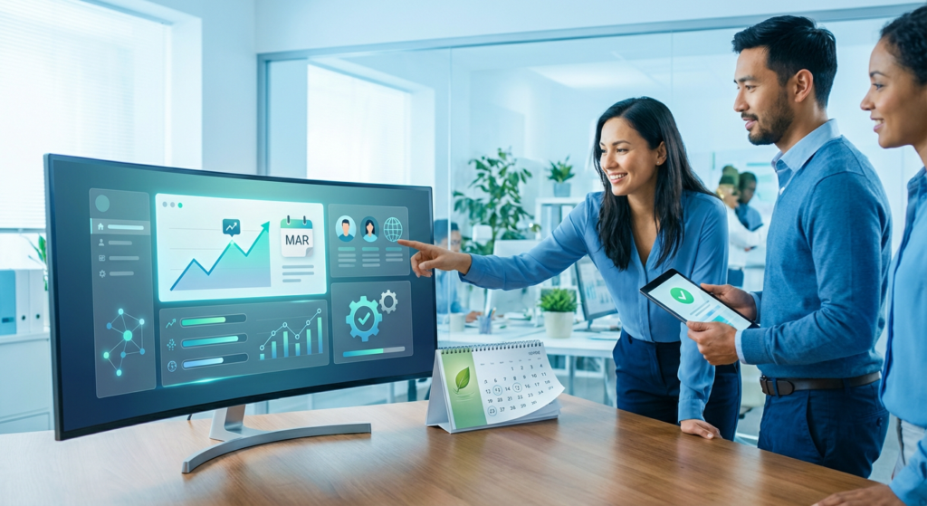 three colleagues reviewing analytics on a monitor, reflecting on staffing website readiness.