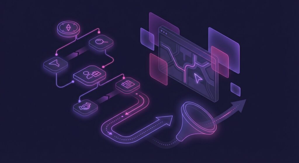 isometric illustration of staffing website navigation flow with icons leading to a web page and a funnel.