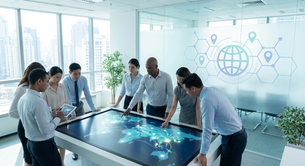 diverse business team examining geographic coverage features on a global map display