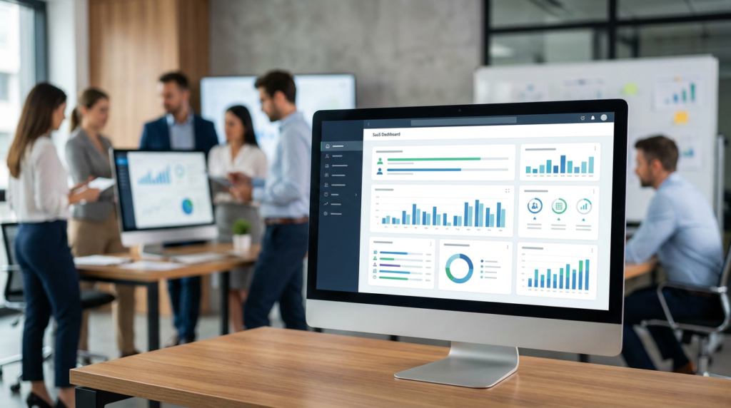 computer screen displaying diverse client portal features like a saas dashboard with charts and graphs.
