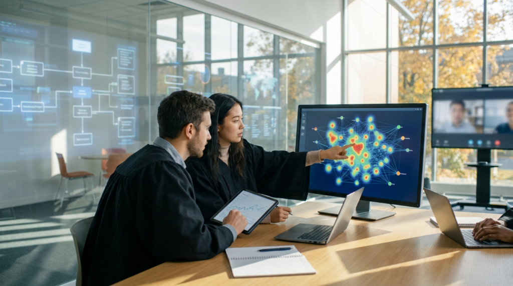 two professionals analyzing graduate recruitment analytics on a screen with network visualizations.