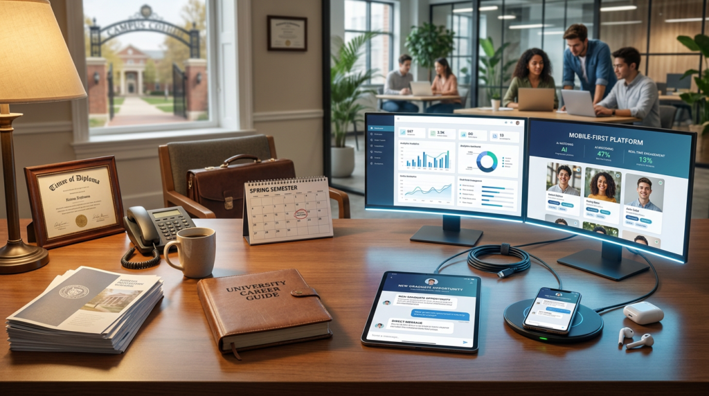 desk with dual monitors displaying graduate hiring platforms and data dashboards, with university career guide and diploma.