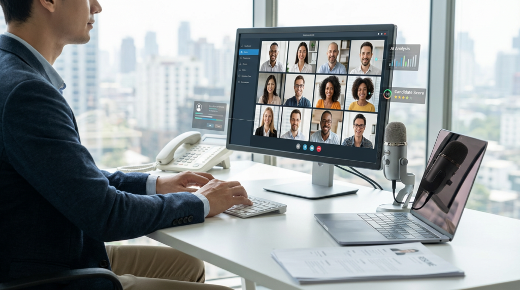 man using video recruitment software on a desktop for interviews, with a laptop and microphones.