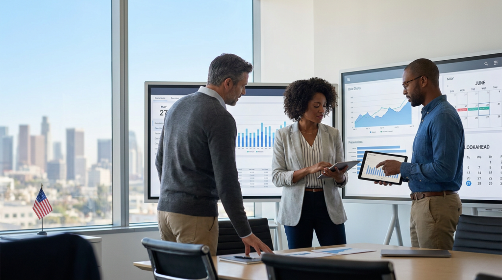three professionals in a modern office discuss data charts, potentially for memorial day hiring strategies.