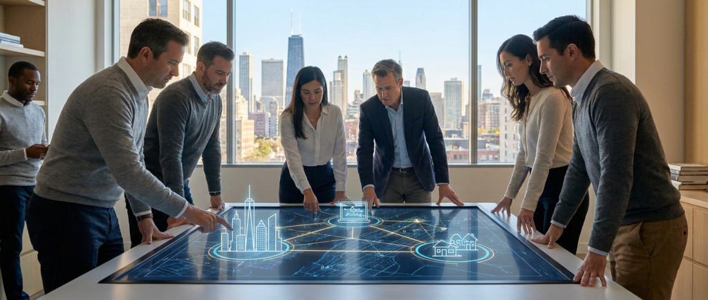 diverse business teams using an interactive table for multi location staffing websites, with city skyline views.