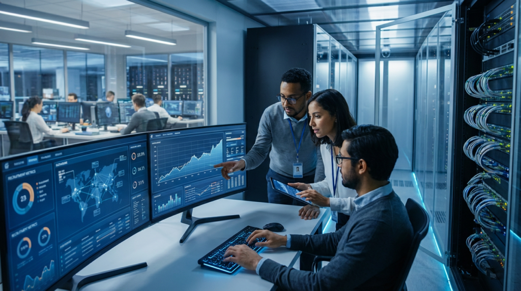 team analyzing data on screens, showcasing a modern staffing technology stack in a server room.