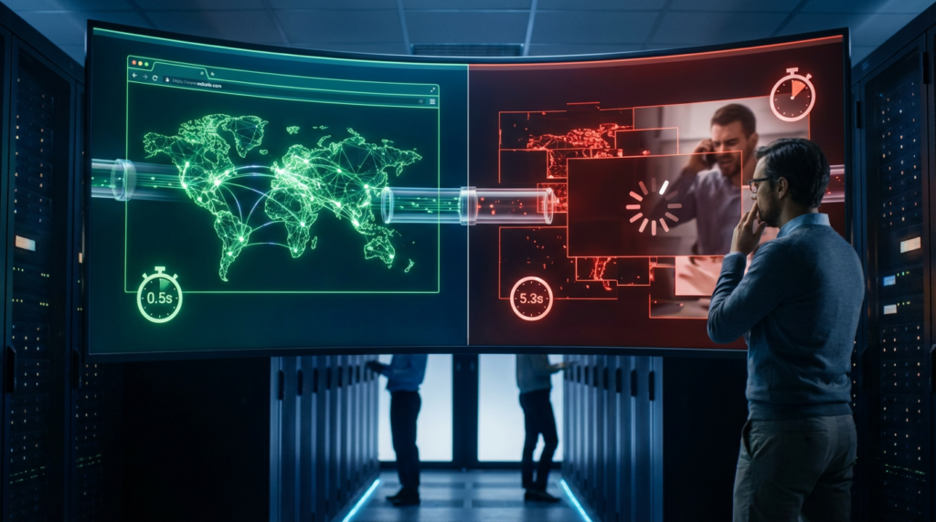 man observing website speed optimization comparison with fast green global network and slow red loading screen.