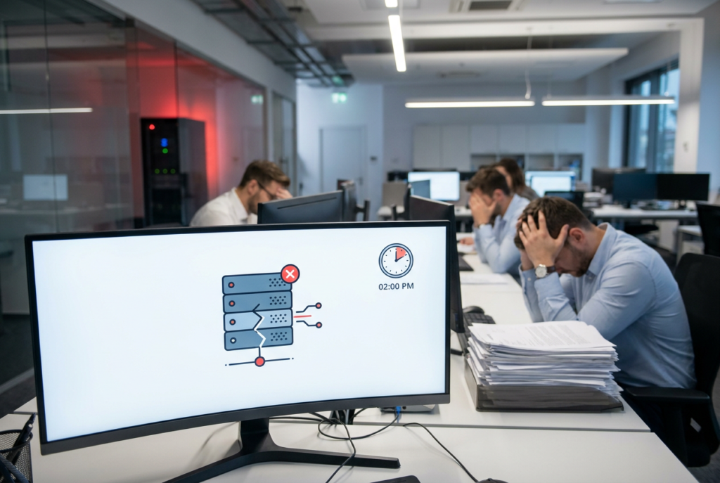computer monitor displaying server errors and clock, with stressed men in background, highlighting recruitment website downtime costs.