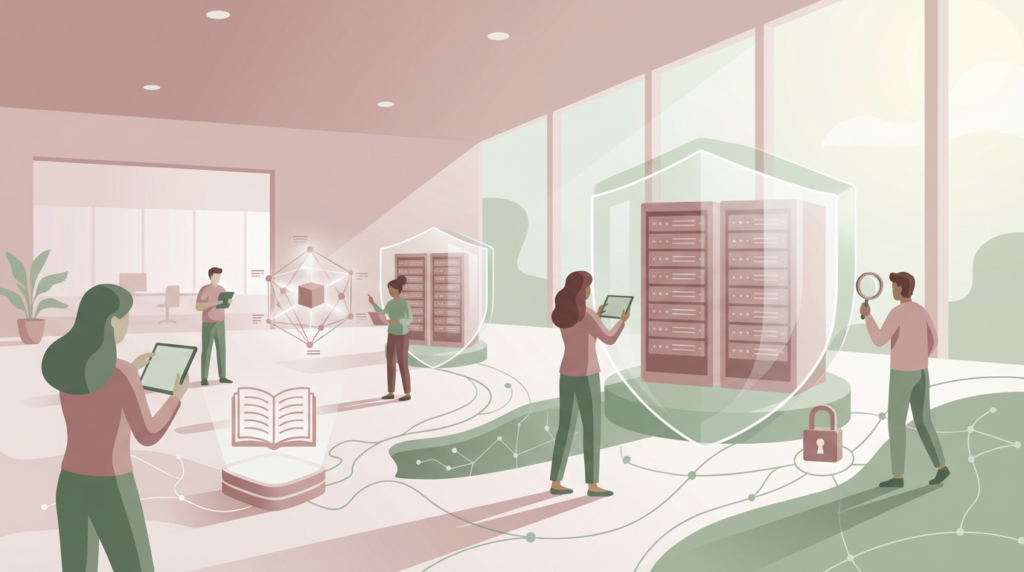 people performing a candidate data security audit in a server room with digital shields and a padlock