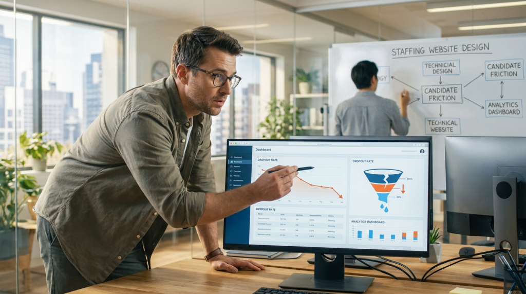 man pointing at a computer screen displaying candidate dropout rates and analytics data.