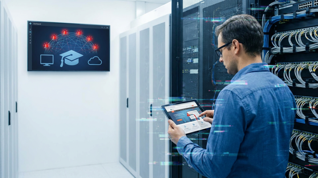 technician monitors server room, tablet displaying staffing website failure alert with error icons.