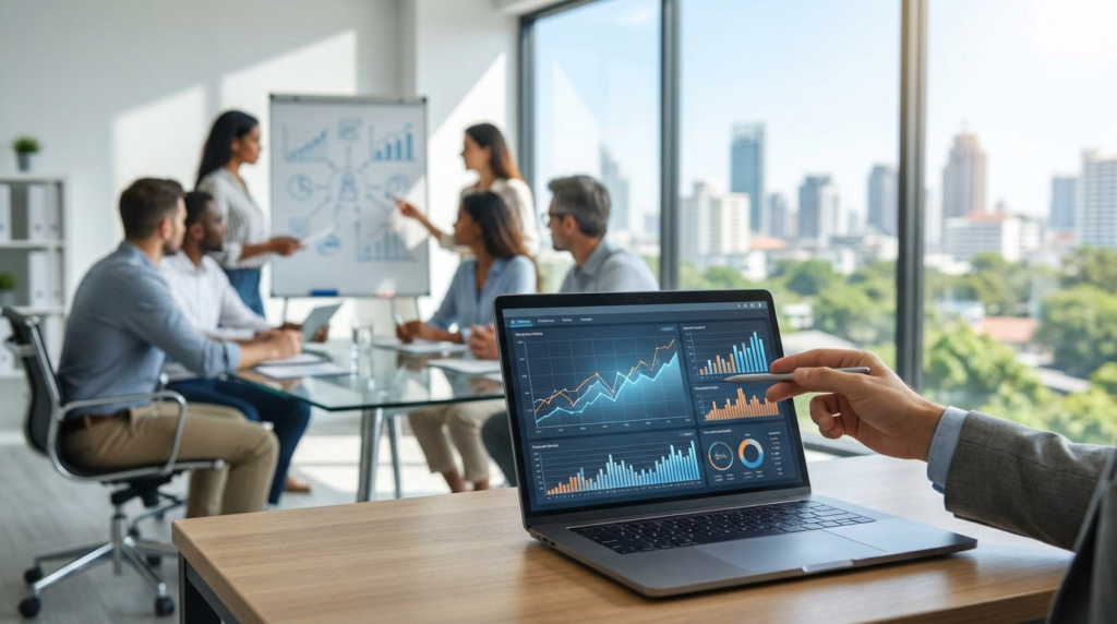 a laptop displaying candidate retention metrics with line and bar graphs, while people attend a meeting in the background.