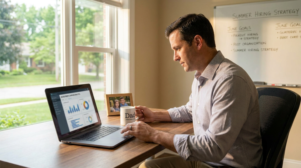 man with "dad" mug using laptop for fathers day staffing marketing analytics.