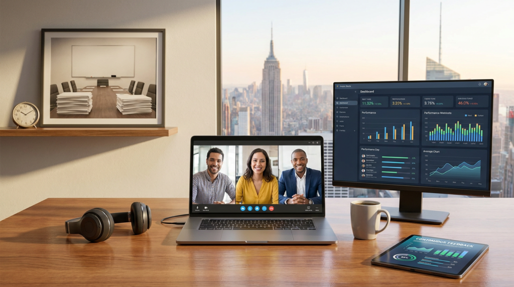 laptop with video call for remote performance reviews, external monitor with data, and office supplies.