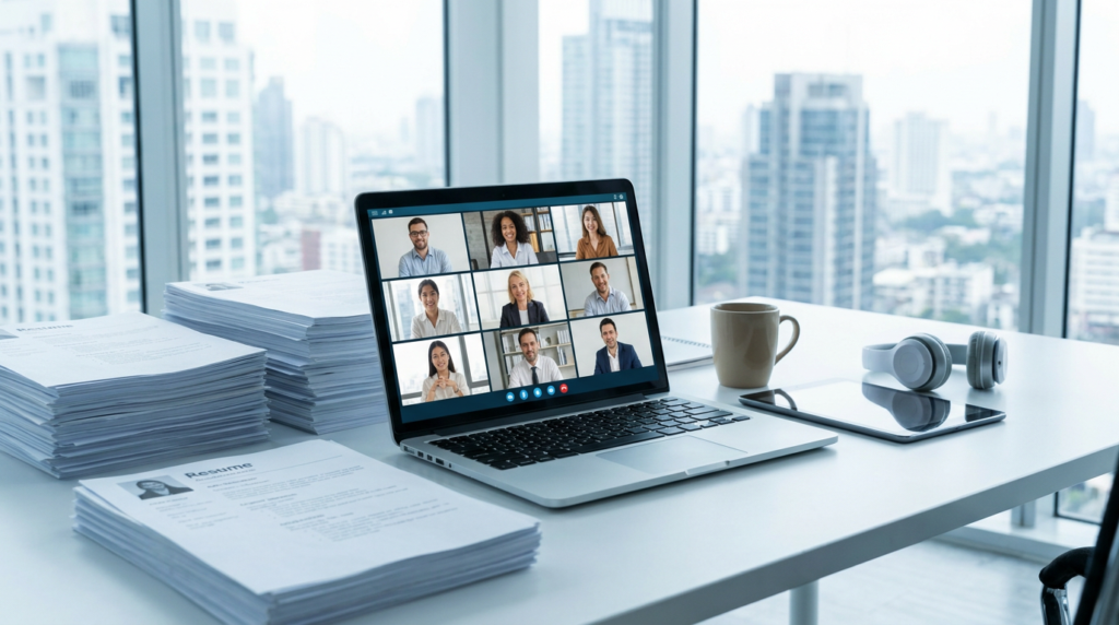 a laptop displaying multiple video conference participants, showcasing effective video interviewing software.