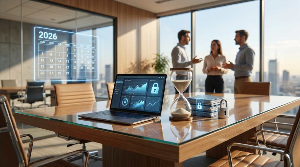 office meeting room with a glowing 2026 calendar, highlighting recruitment compliance 2026, and data security imagery.