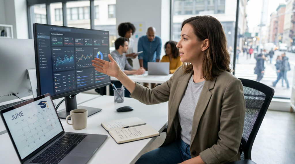 woman pointing at a monitor displaying recruitment website analytics data in an office.