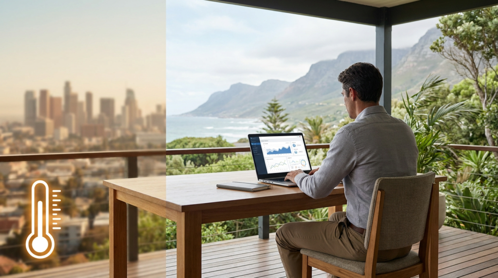 man remote working on a laptop on a balcony overlooking the ocean and mountains, showing remote work weather preferences.