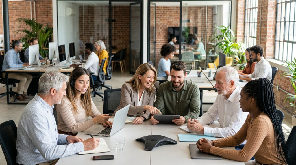 diverse workforce collaborating in a modern office, showcasing multi-generational workforce management.