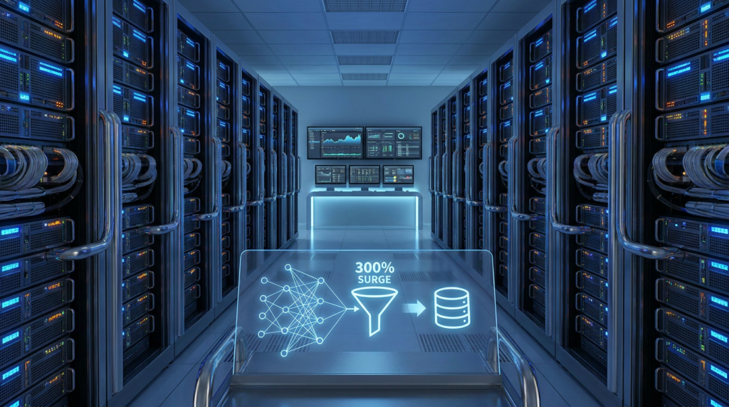 data center with server racks, monitor display, and a visual representation of recruitment database optimization.