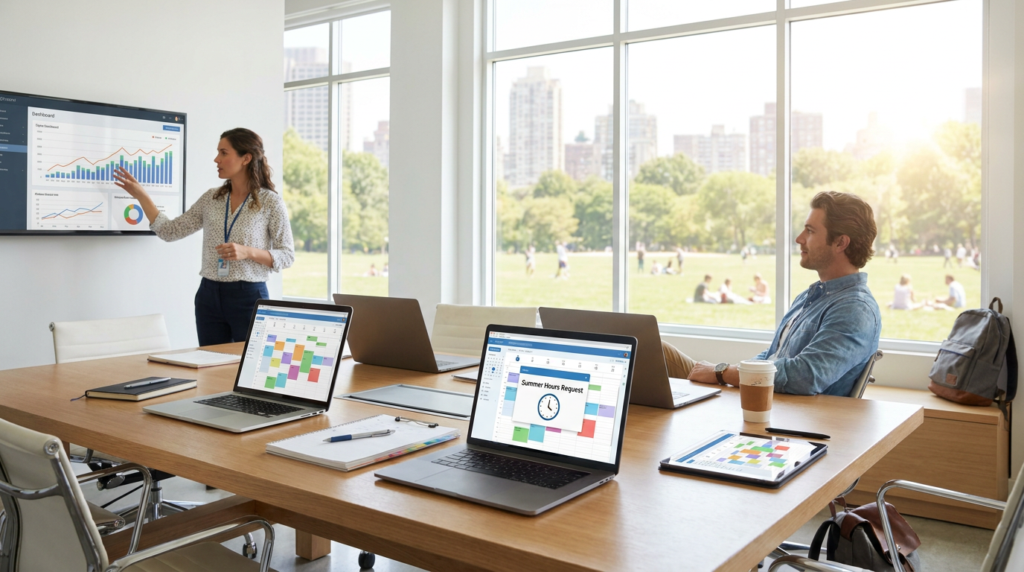 a woman presenting data on a screen to a man, with laptops displaying summer hours scheduling integration in a sunny office.
