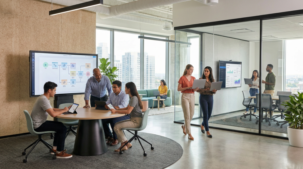 diverse team collaborating in a modern office, developing intern onboarding workflows on screens.