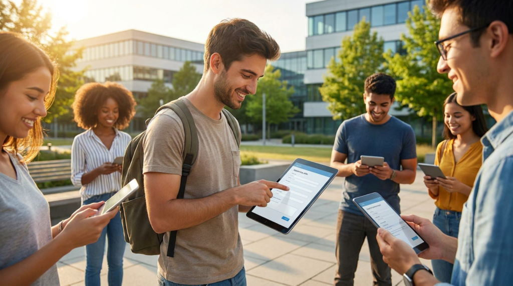 diverse students interacting with phones and a tablet showing application forms, highlighting summer staffing features.