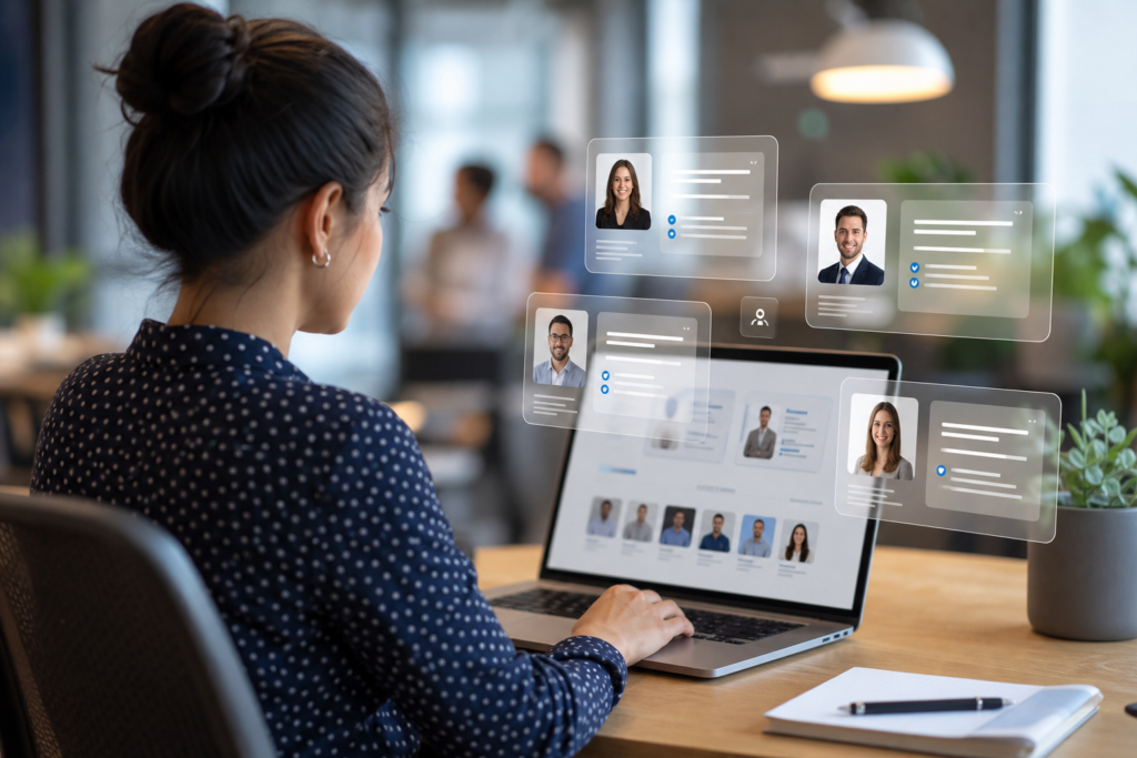 woman using a laptop with advanced recruitment website features, displaying floating candidate profiles.