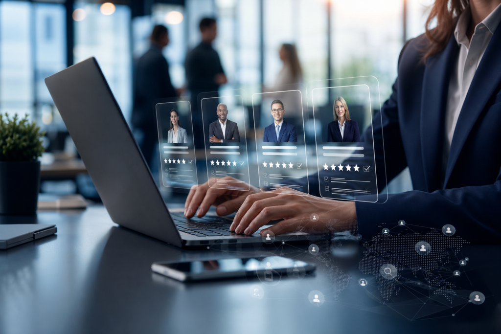 hands typing on a laptop, displaying virtual candidate profiles, demonstrating staffing website design recruitment website best practices attract passive candidates