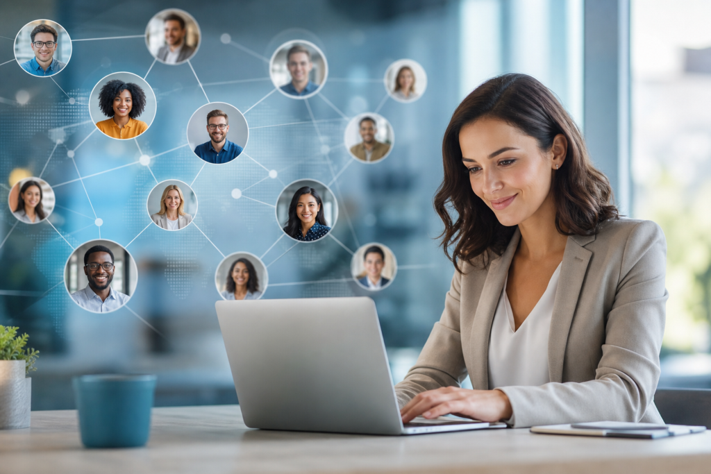 woman on laptop with global network of diverse staff, reflecting staffing website trends 2026