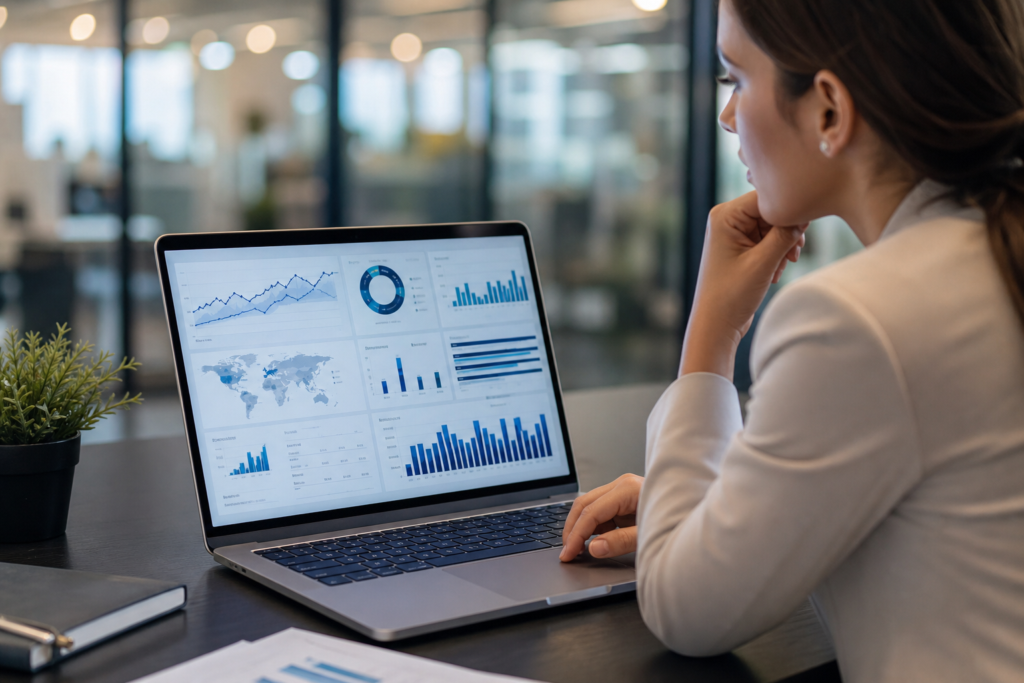 woman analyzing business data charts on a laptop to improve recruiter placement rates.