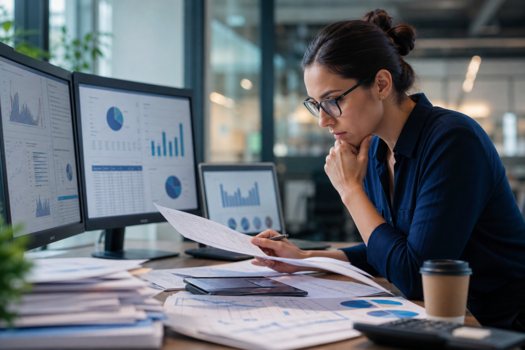 professional reviewing financial reporting for staffing firms on multiple monitor screens and paper reports.