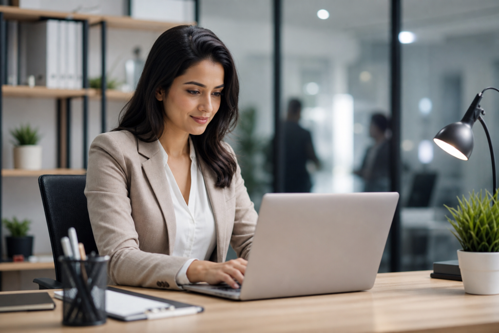 woman at a desk typing on a laptop, using recruitment workflow software.