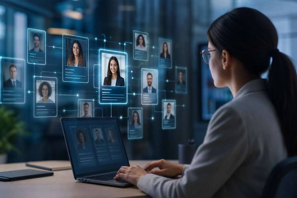 woman using a laptop for ai candidate matching, with holographic profiles floating around her.