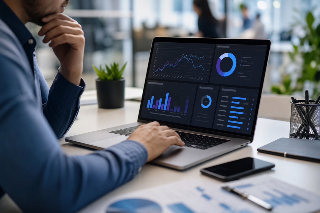 person analyzing staffing website metrics on a laptop, displaying graphs and charts.