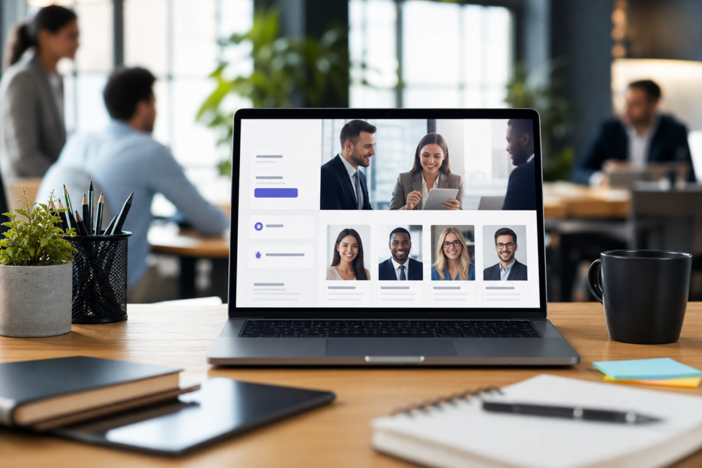 laptop showing candidate profiles for staffing firm growth strategies, with office items and blurred people in background.