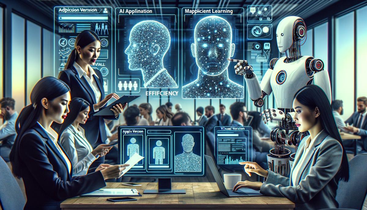 An image depicting a modern office setting with AI and automation technology integrated into the recruitment process