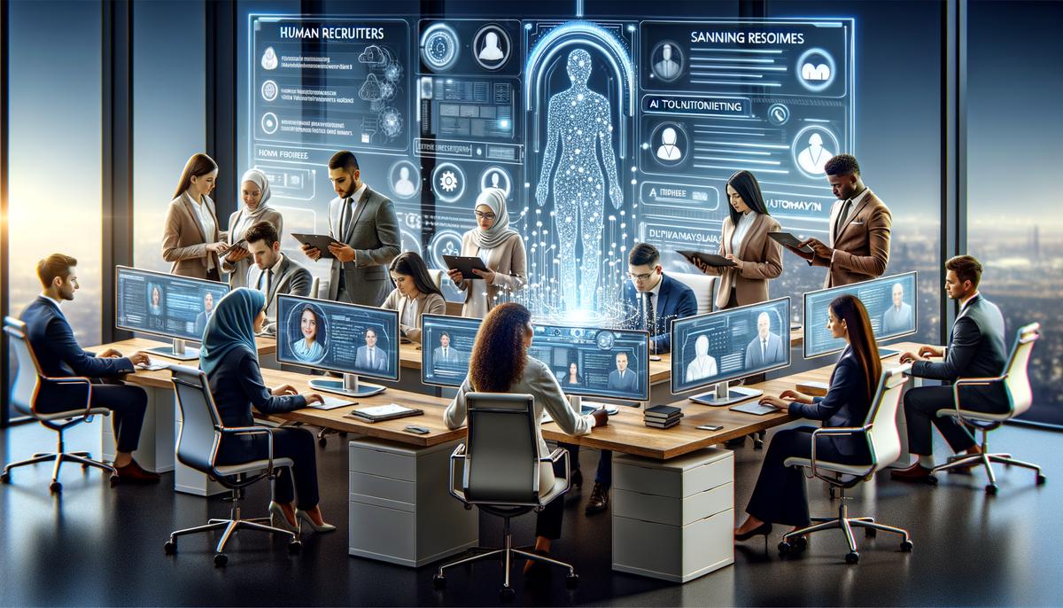 An image showing a modern office setting with a blend of human recruiters, AI technology, and automation tools working together seamlessly.