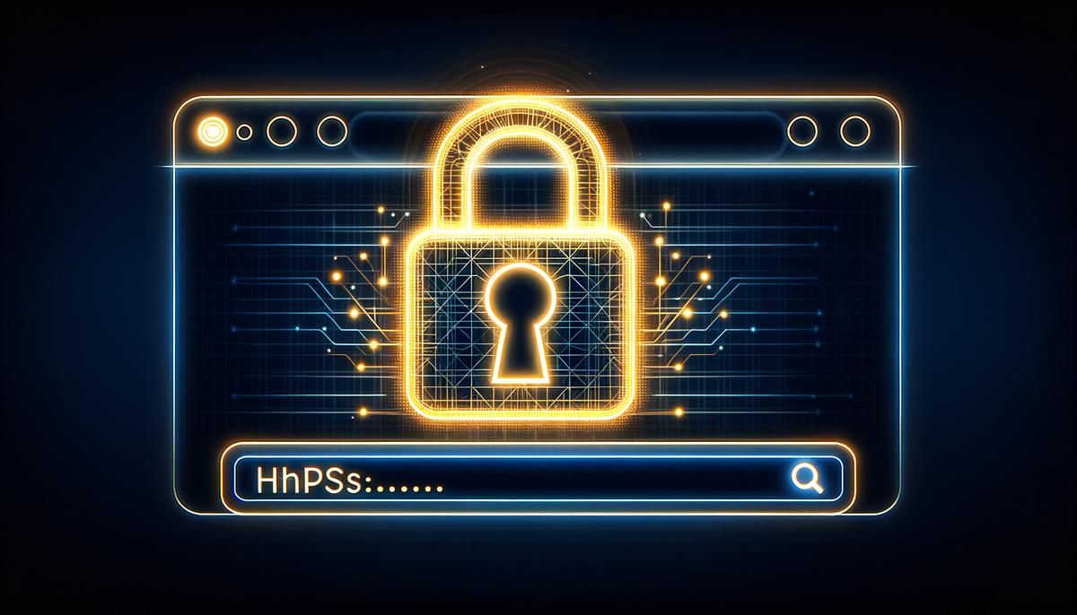 A secure digital connection symbolized by a glowing padlock and the HTTPS protocol in a browser address bar