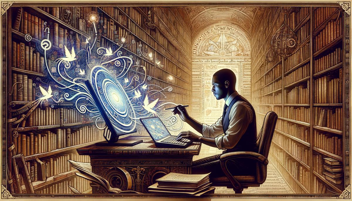 An image showing a person working on a computer, surrounded by books and scrolls in a mystical library setting