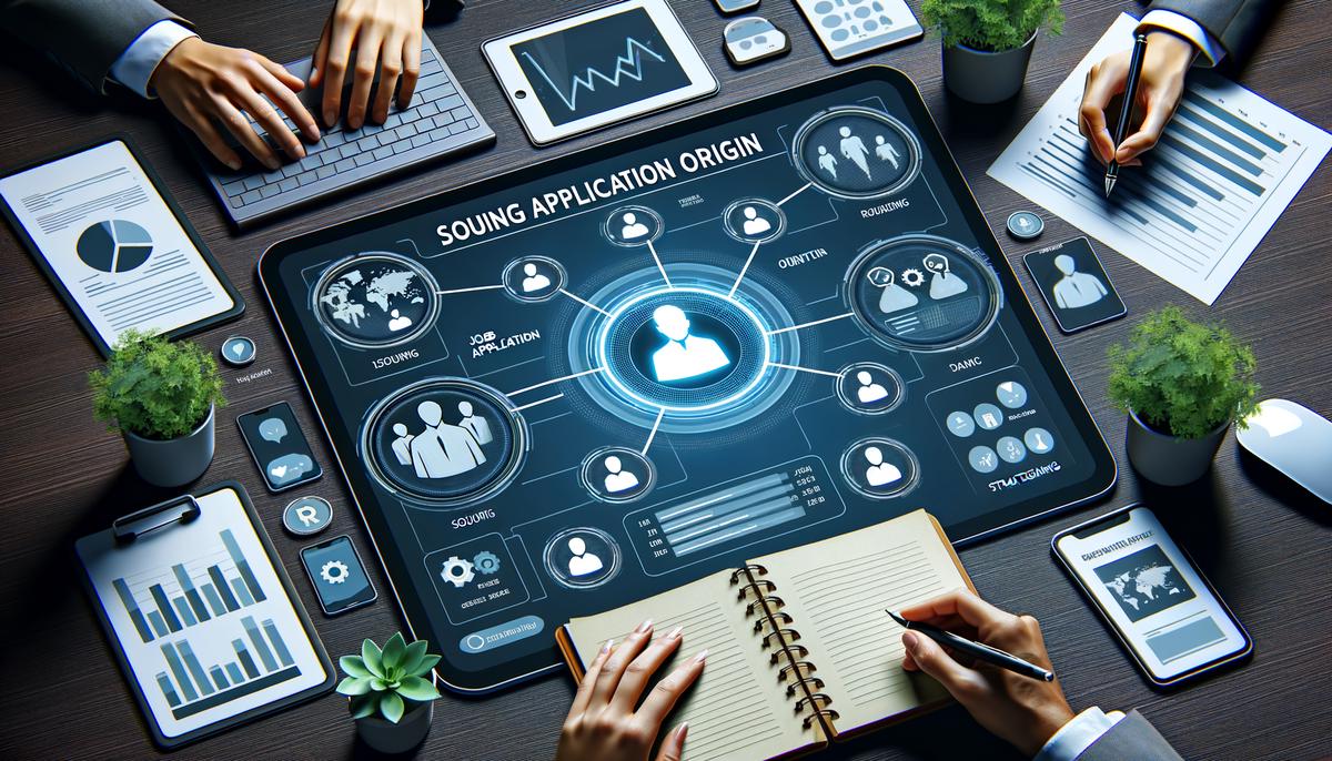 A detailed image showing a recruitment marketing platform dashboard with various source tracking data and analytics