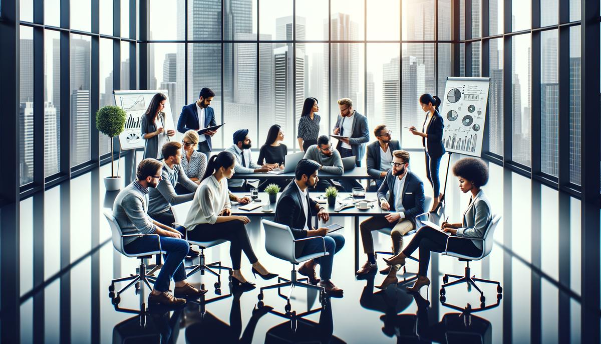 A diverse group of people collaborating in a modern office setting, representing the concept of strategic partnerships and diversity in the workplace